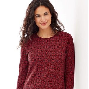 J Jill Red Black Floral Print Long‎ Sleeve Cotton Knit Top Women's Size M